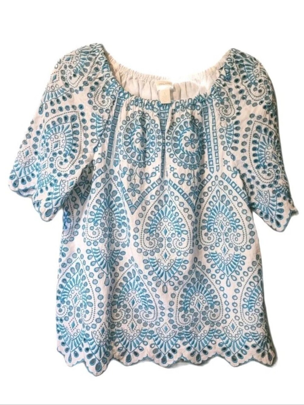 Chico's Blouse Teal Eyelet Embroidery Size 1 Soft Girl Clean Girl